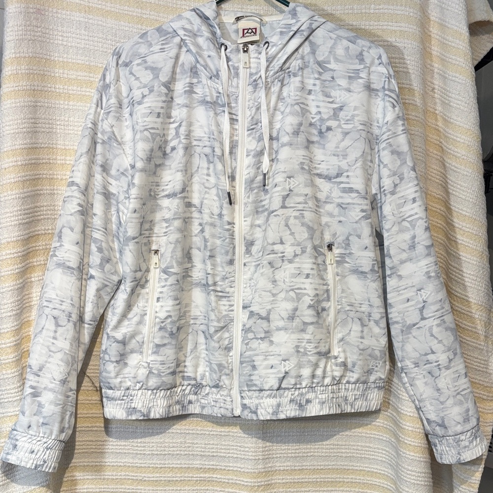 Avalanche Outdoor Supply White and Gray Hooded Zip-Up Windbreaker Jacket Size L